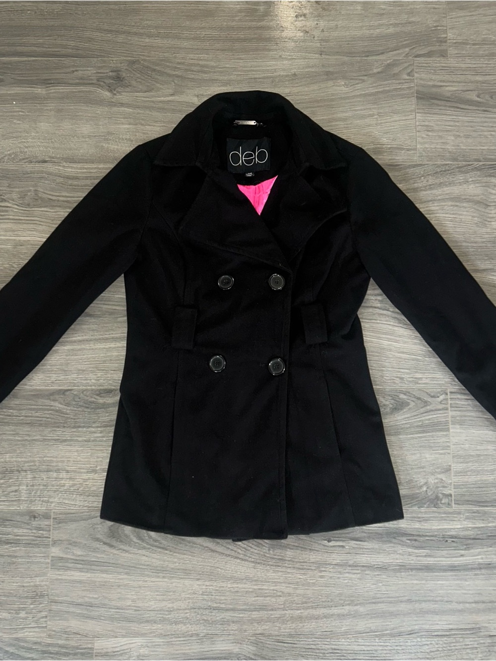 Y2K 2000s deb Black Double-Breasted Pea Coat with Pink Lining